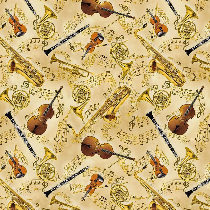 TT Classical Music Symphony Instruments - CM3237-GOLD - Cotton Fabric
