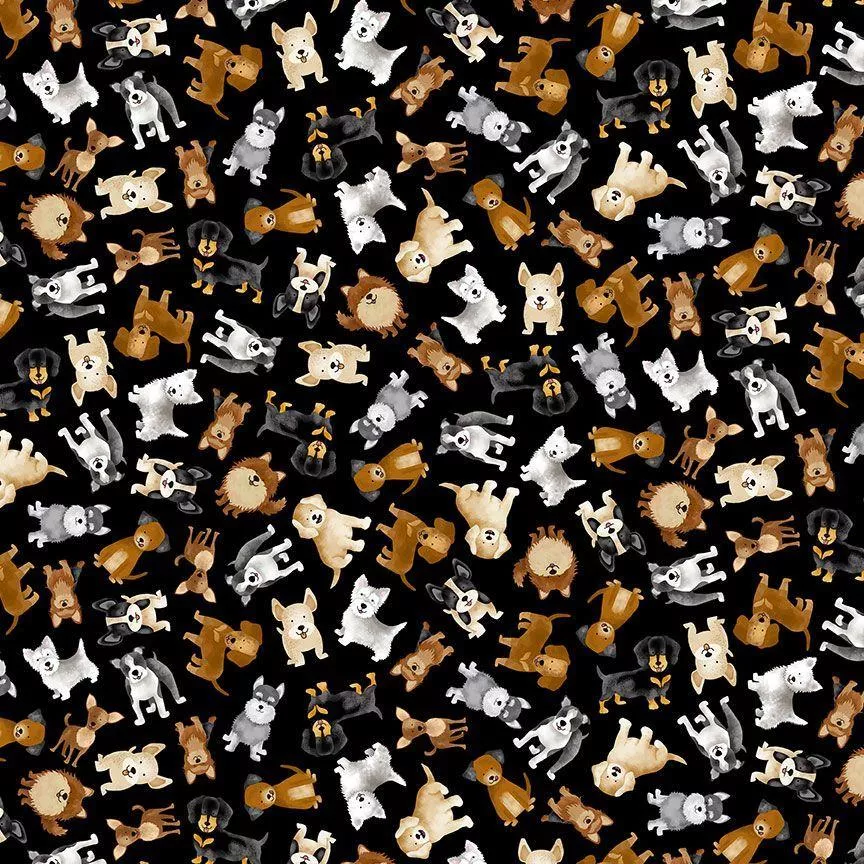 TT Happiness Has Paws Tossed Small Dogs - CD3318-BLACK - Cotton Fabric