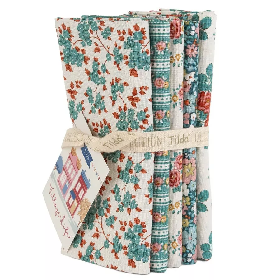 Village Life : Fat Quarter Bundle Petrol/Teal 5 fabrics 21 x 19 - #TIL300275 - Tilda