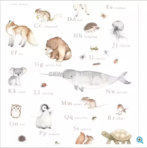 WHITE MY ANIMAL ALPHABET PANEL FROM DEAR STELLA FABRICS