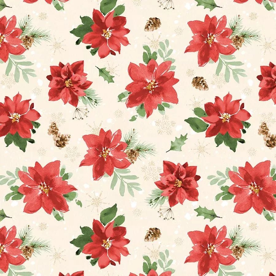 Wilmington Cardinal Celebration Tossed Poinsettias Cream 1 Yard Cut