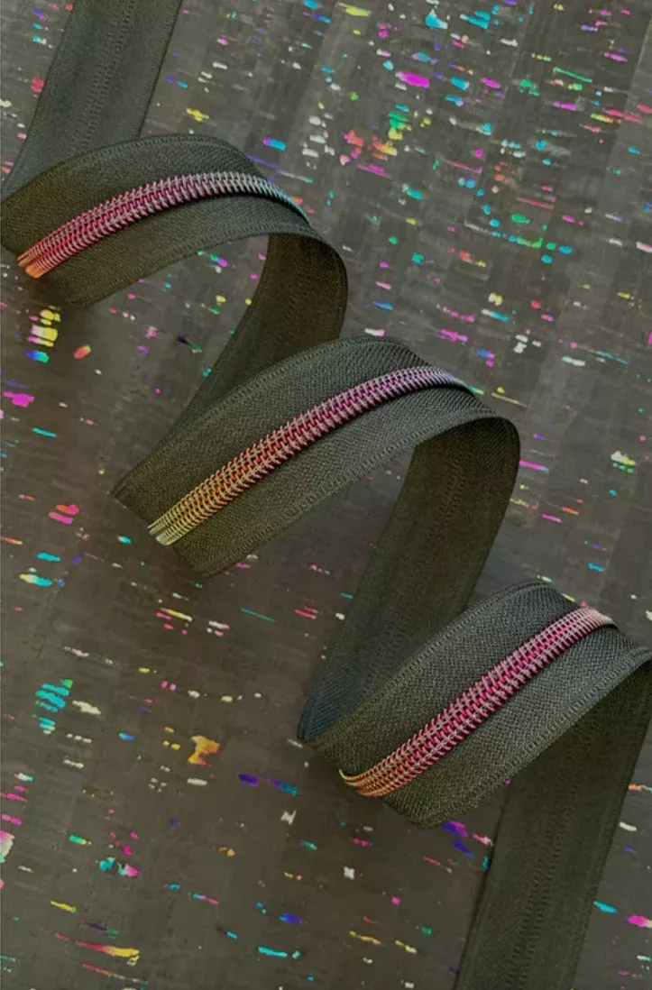 Zipper Tape - Black with Faux Metal Rainbow Teeth 3 Yards by Sassafras Lane Designs